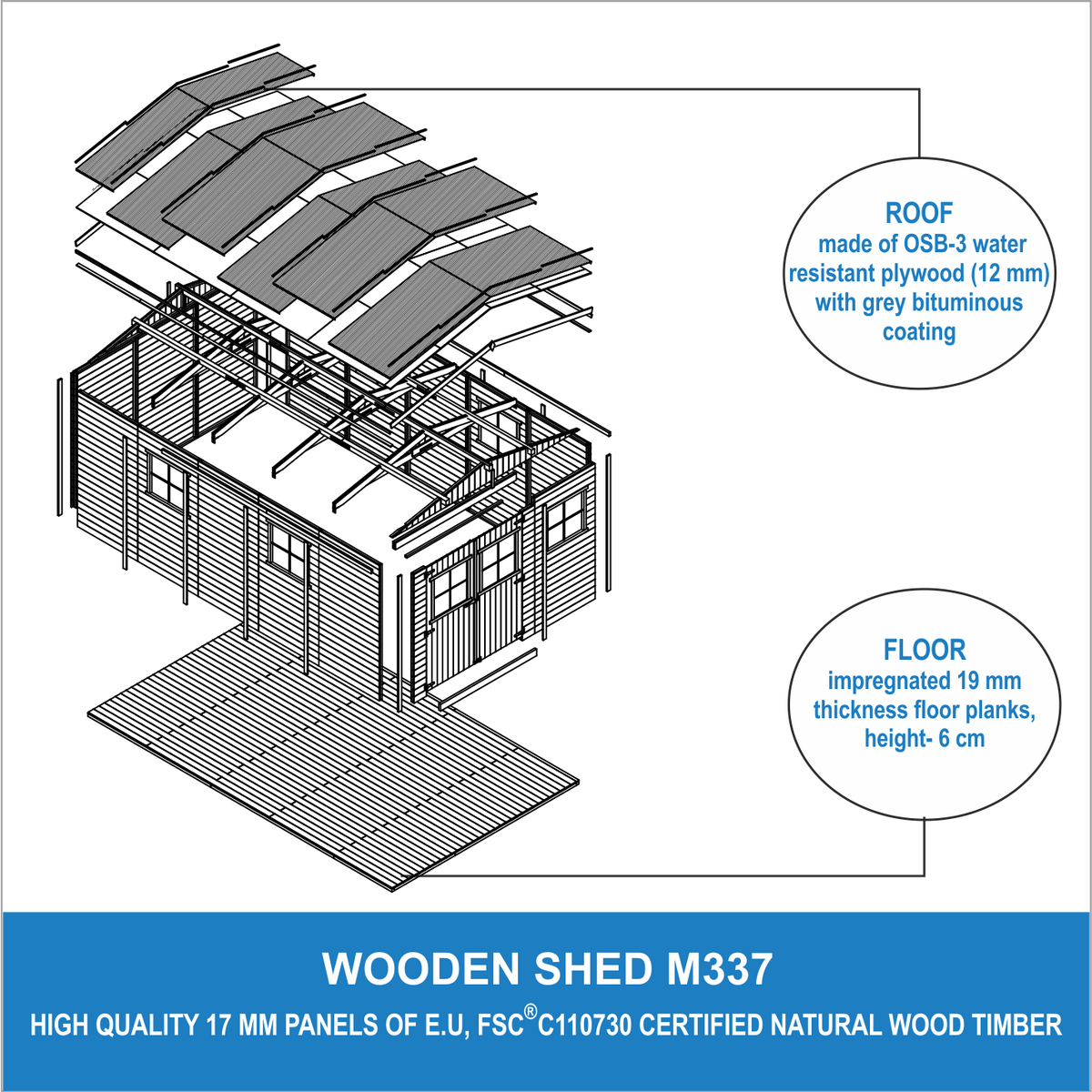 HOLZ-GARTENHAUS MIT IMPRÄGNIERTEM BODEN - H226x516x324 cm/15 m² - M337+M337G - Beige, Holz (324/232/493cm) - Timbela