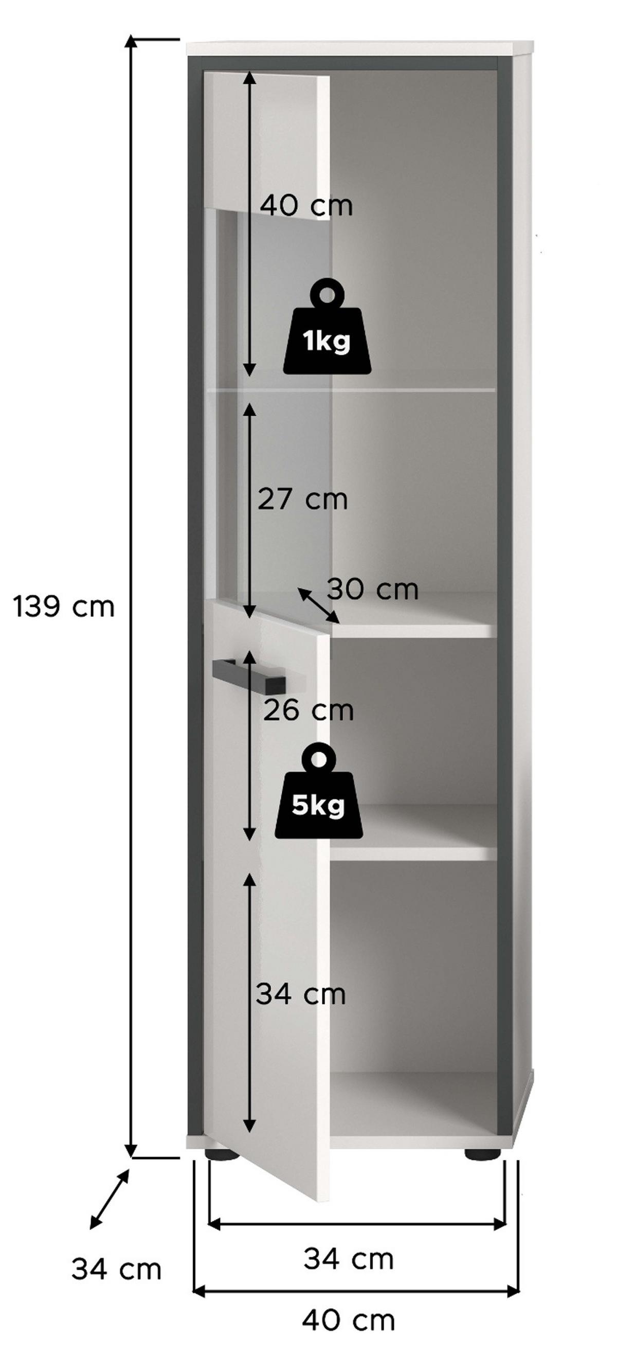 MIDISCHRANK weiß Hochglanz, grau 40 x 139 cm, Badkommode mit wechselbaren Türanschlag - Weiß Hochglanz/Schwarz, Glas/Holzwerkstoff (40/139/34cm) - Inn.Furn