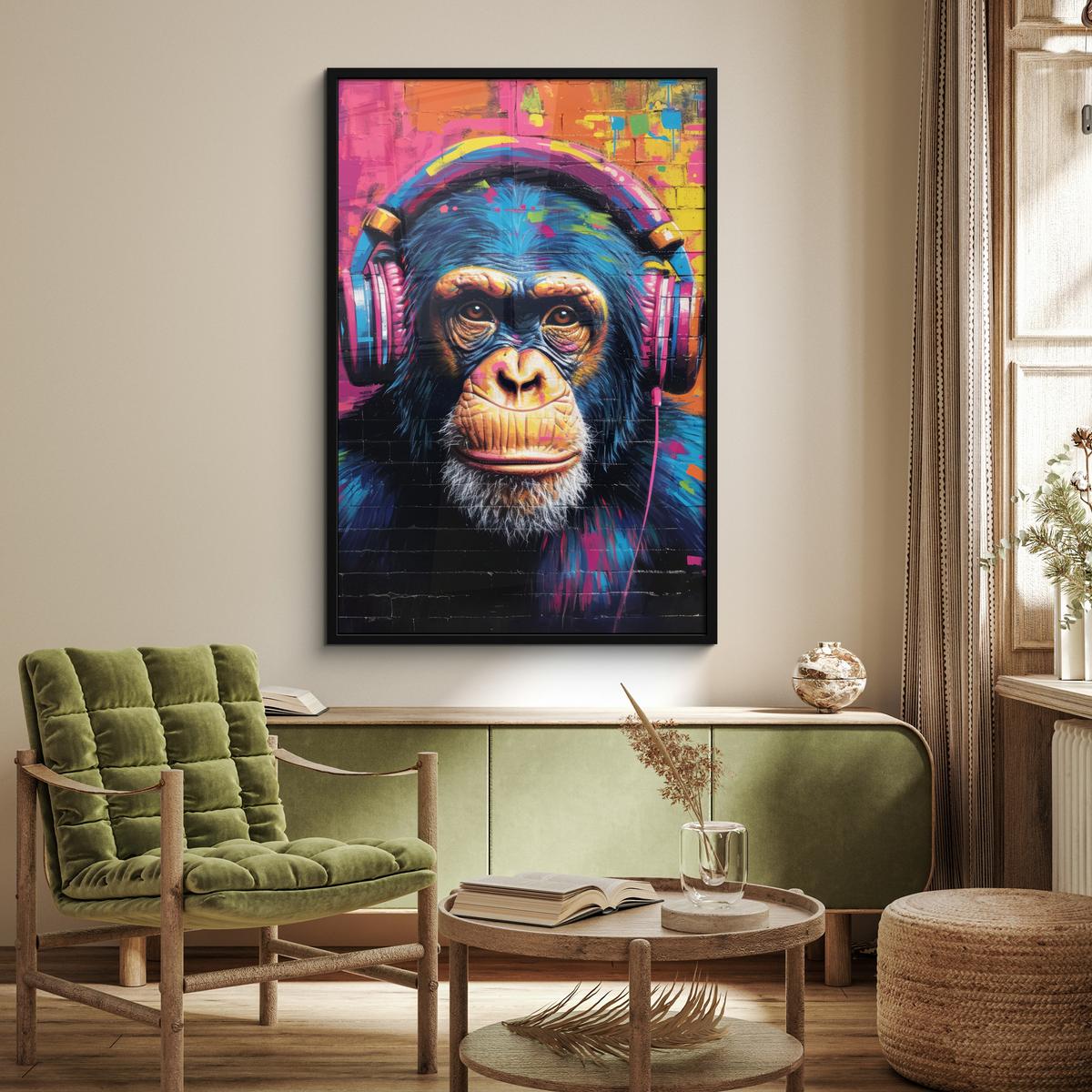 POSTER MIT RAHMEN Graffiti - Schimpanse - Straßenkunst - Kopfhörer - Affe Bilderleiste 80x120 cm - Blau, Papier (80/120cm) - MuchoWow