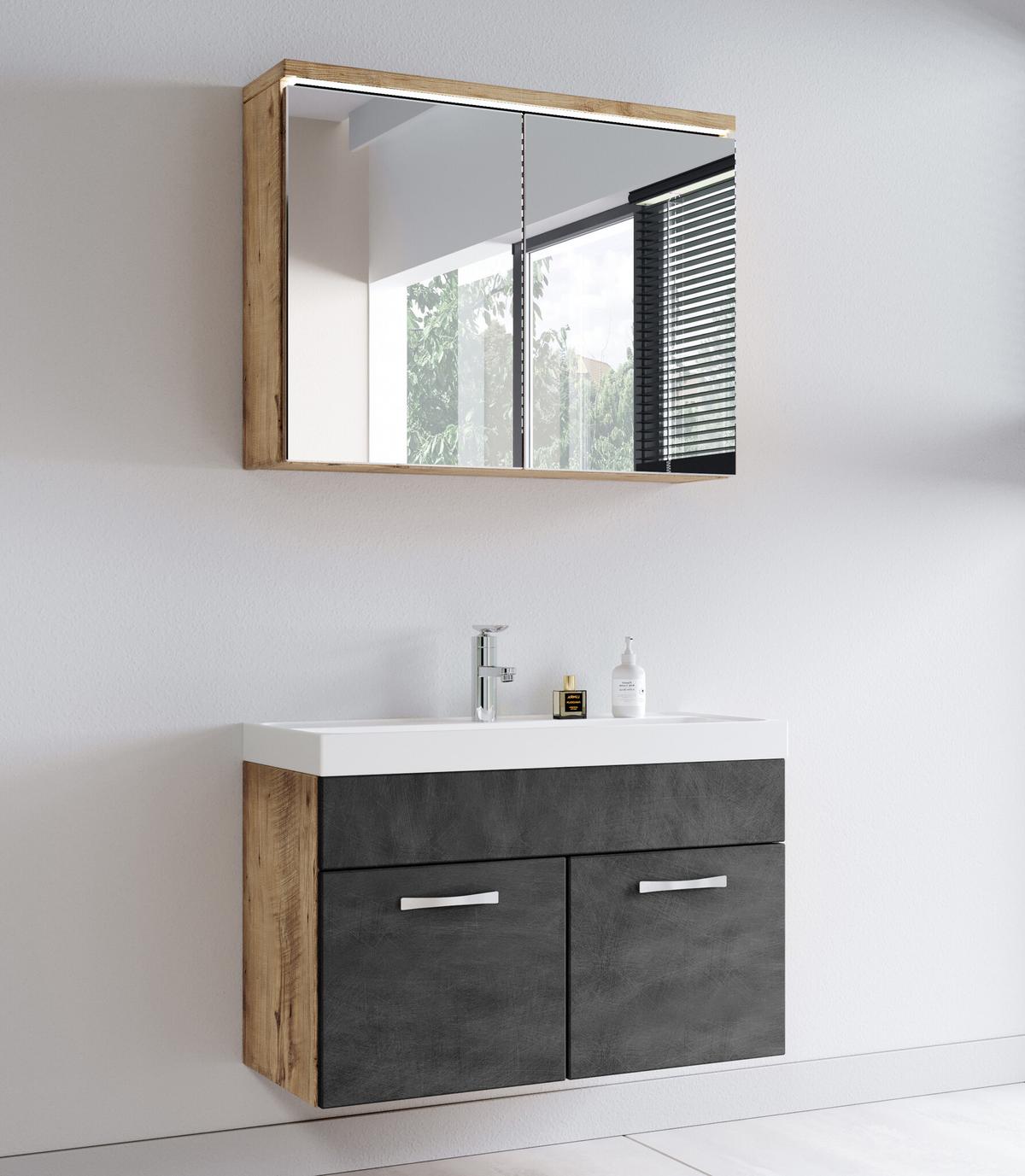 BADMÖBEL-SET Paso 3 Teile Kastanien Eiche / Grau - 80 x 35 x 55 cm - Eichefarben/Grau, Holz (80/55/40cm) - Badplaats