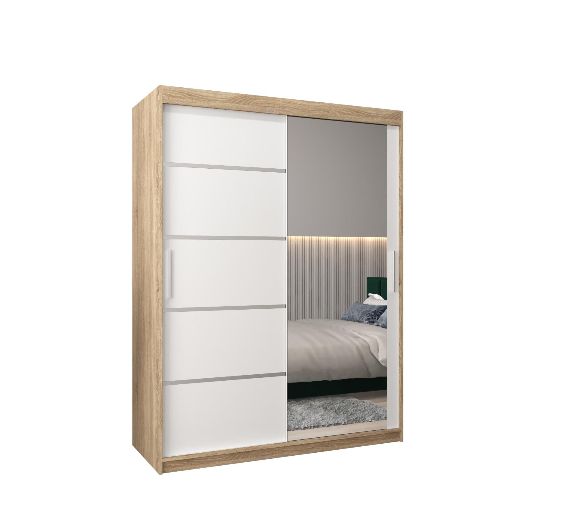 SCHWEBETÜRENSCHRANK 200/150/62 2-türig - Silberfarben/Weiß, Holz/Kunststoff (150/200/62cm) - MÖBEL KRYSPOL