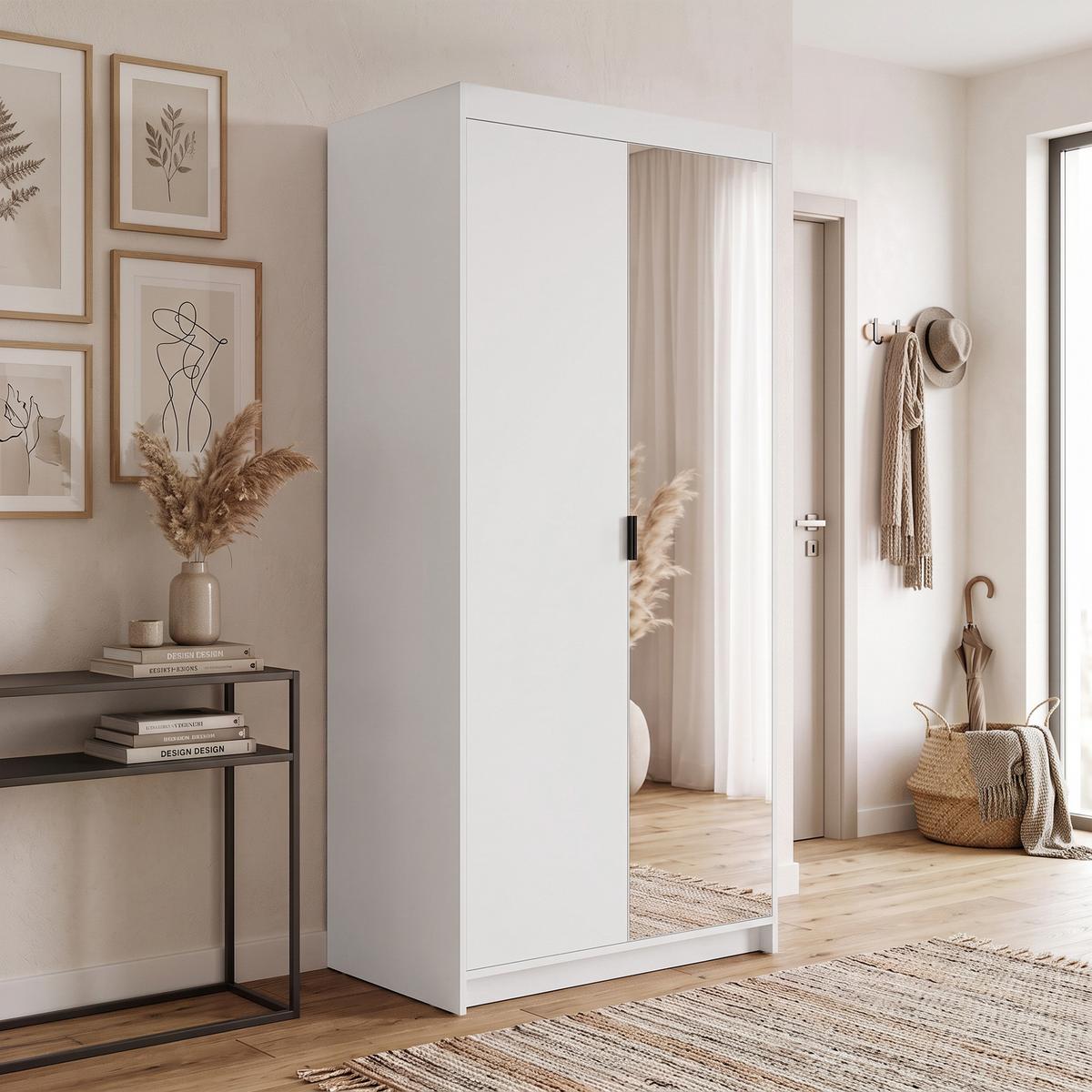 DREHTÜRENSCHRANK Elena mit 2 Türen und Spiegel, 90 cm, Weiß - Weiß, Holzwerkstoff (90/190/53cm) - Beautysofa