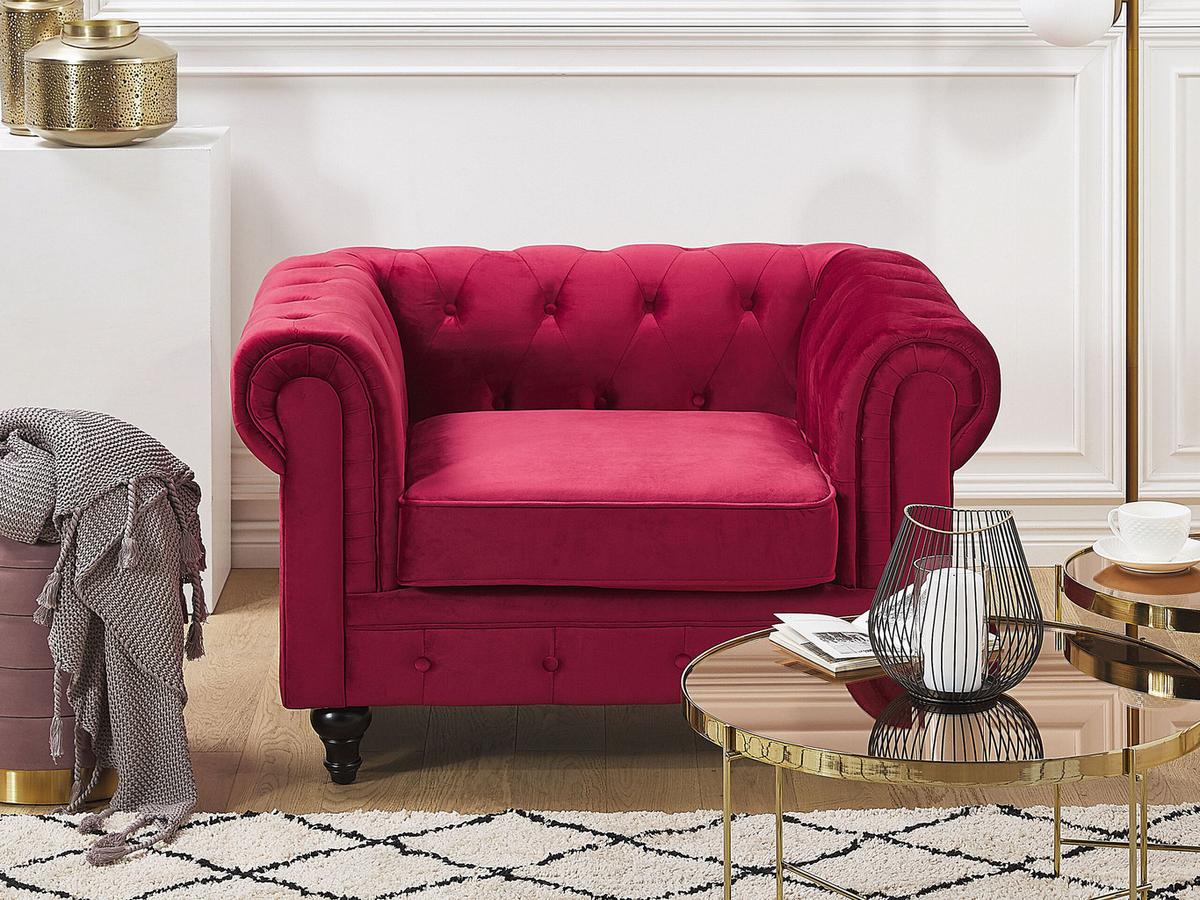 SESSEL Samtstoff dunkelrot Rautenmuster Chesterfield - Rot, Textil (110/70/75cm) - Beliani
