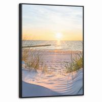 LEINWAND Bilder mit Rahmen - Strand - Sonne - Düne - Gras - Sand - Horizont - 70x100 - Hellblau, Textil (70/100cm) - MuchoWow
