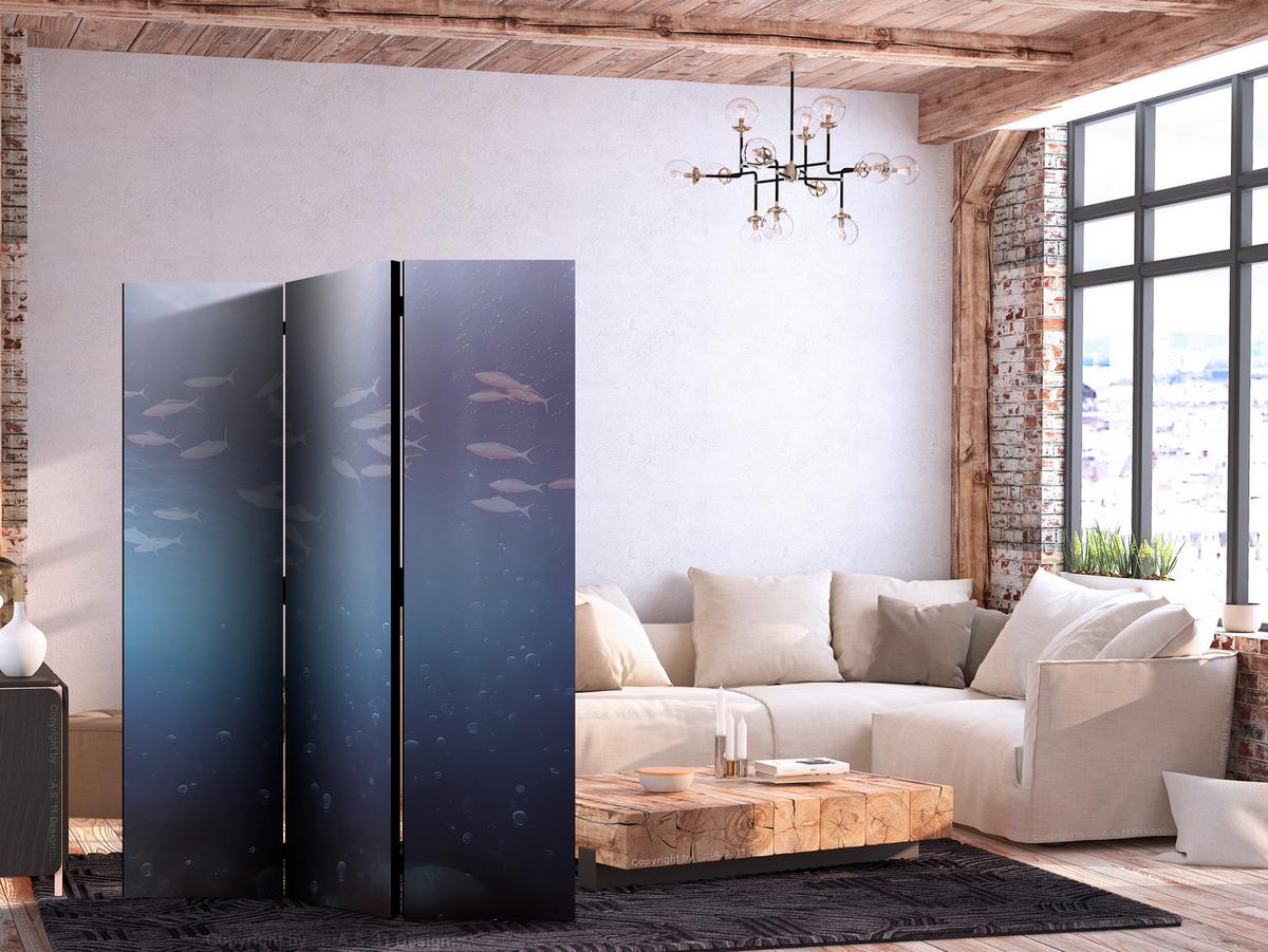 PARAVENT Akustik 3-tlg 135x172 cm Fische und Meereswellen - Blau, Holz/Textil (135/172/3cm) - Muralo