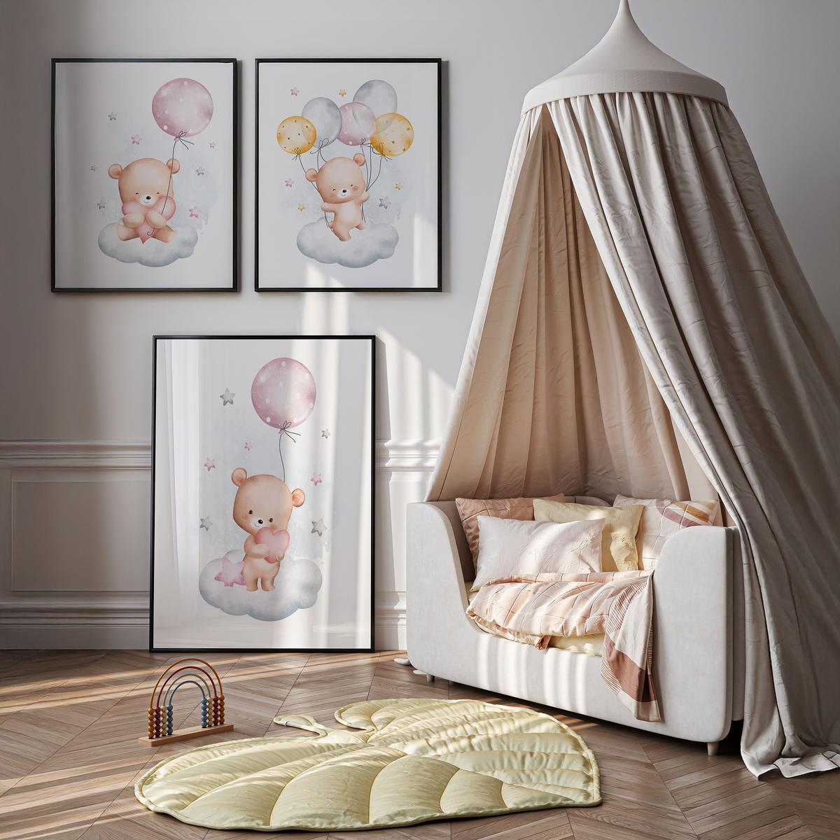 POSTER SET für Kinderzimmer Teddybären Wolken Ballons Sterne 3x Poster A4 21x30cm - Beige/Rosa, Papier (21/30/1cm) - Muralo