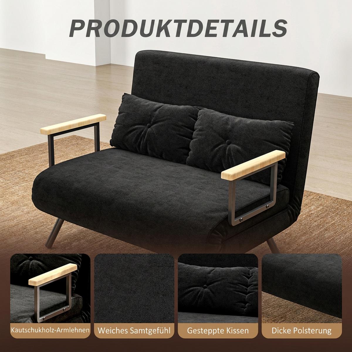 SCHLAFSOFA, Zweisitzer mit Bettfunktion, Schlafcouch mit Samtoptik, Rückenkissen - Schwarz/Naturfarben, Holz/Textil (73/81/102cm) - HOMCOM