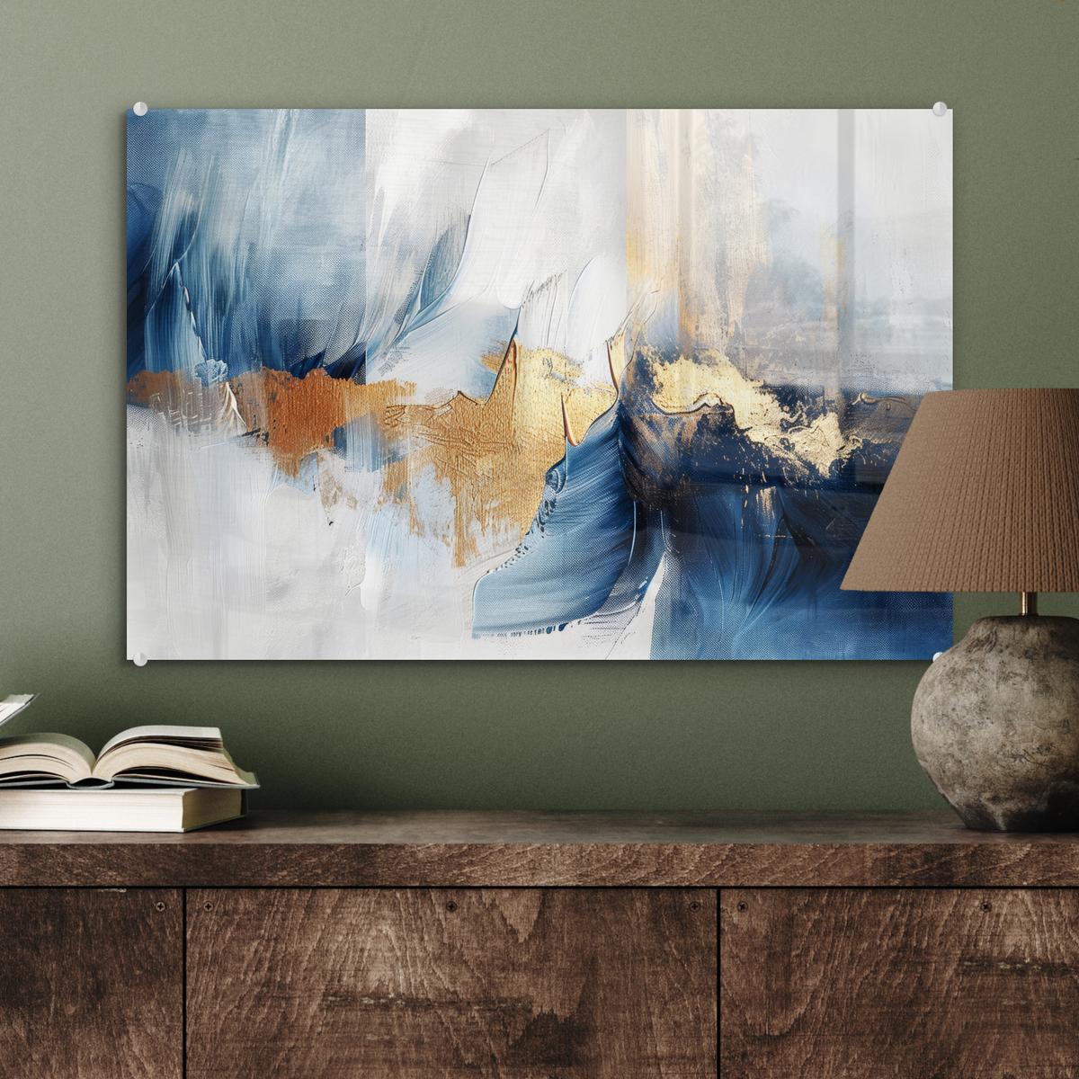 ACRYLGLASBILD Gold - Blau - Aquarell - Kunst - Modern Wanddeko 60x40 cm - Hellblau, Glas (60/40cm) - MuchoWow