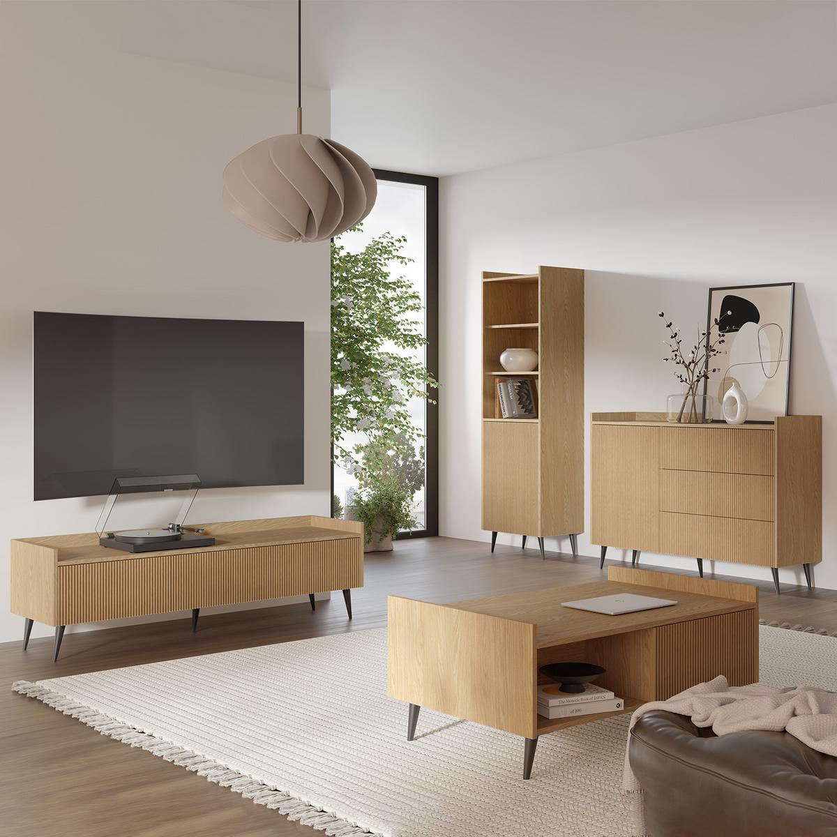 LOWBOARD Amfali mit 2 Klapptüren, geriffelte Fronten, Push-to-open, Metallbeine, 120 cm, Frühlings-Eiche - Eichefarben/Schwarz, Holzwerkstoff/Metall (121/45/41cm) - Beautysofa
