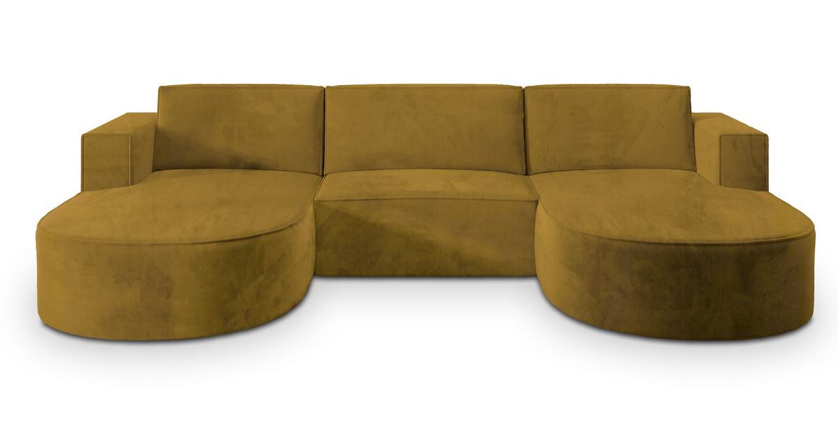 WOHNLANDSCHAFT VEZZO M Gelb Velours-Stoff mit Schlaffunktion - Gelb, Holz (347/85/174cm) - MASSENO