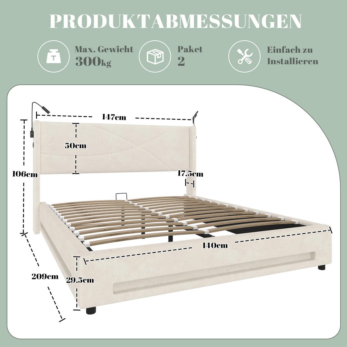 POLSTERBETT Samt Beige 140x200 cm mit LED Beleuchtung & USB-Ladestation - Beige, Textil (140/200cm) - Urban Meuble