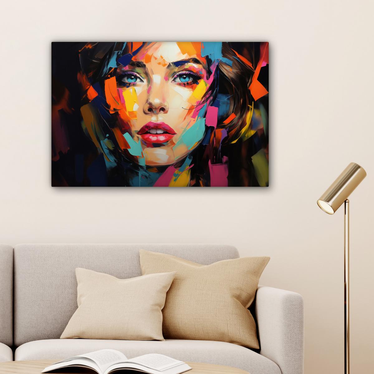 LEINWANDBILD Frau - Porträt - Farbenfroh - Kunst Gemälde 60x40 cm - Multicolor, Textil (60/40cm) - MuchoWow