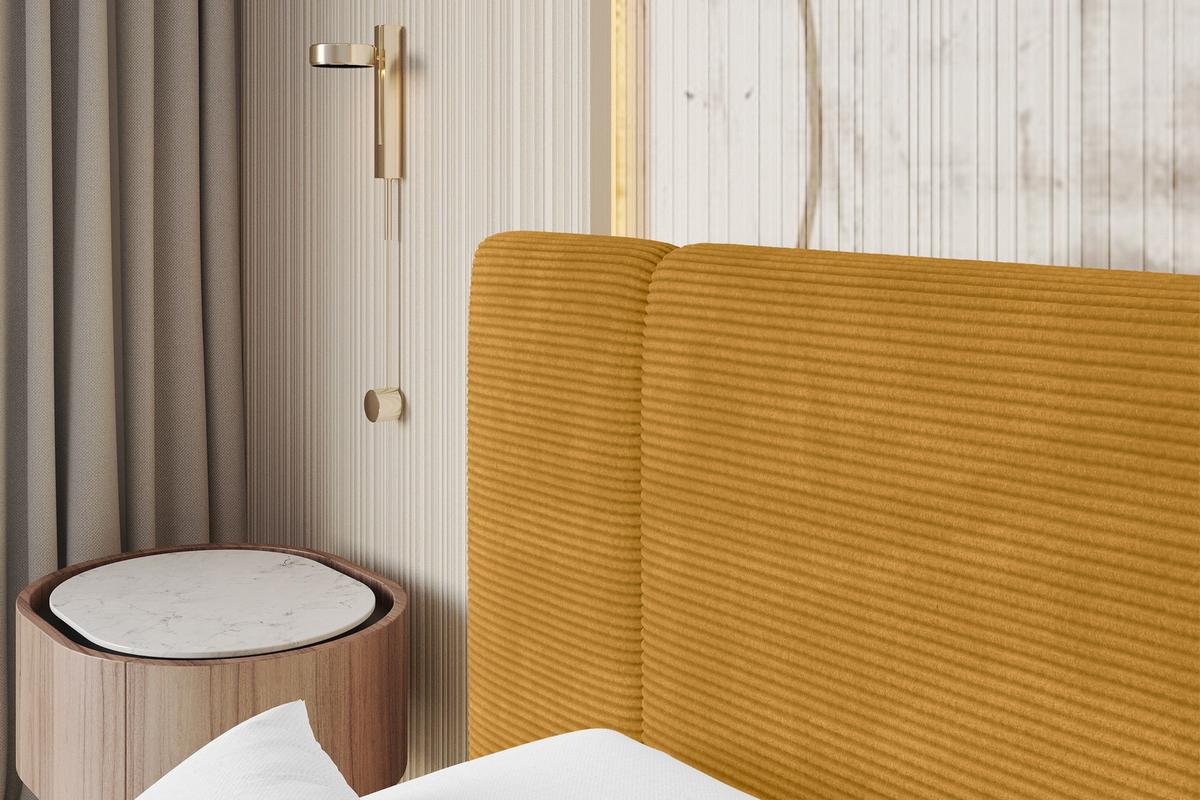 POLSTERBETT mit Bettkasten, Fußteil und Lattenrost, Bett mit Matratze H3/H4 - TEVO-Z 140x200 Senfgelb - Gelb, Holzwerkstoff/Textil (140/200cm) - ALTDECOR