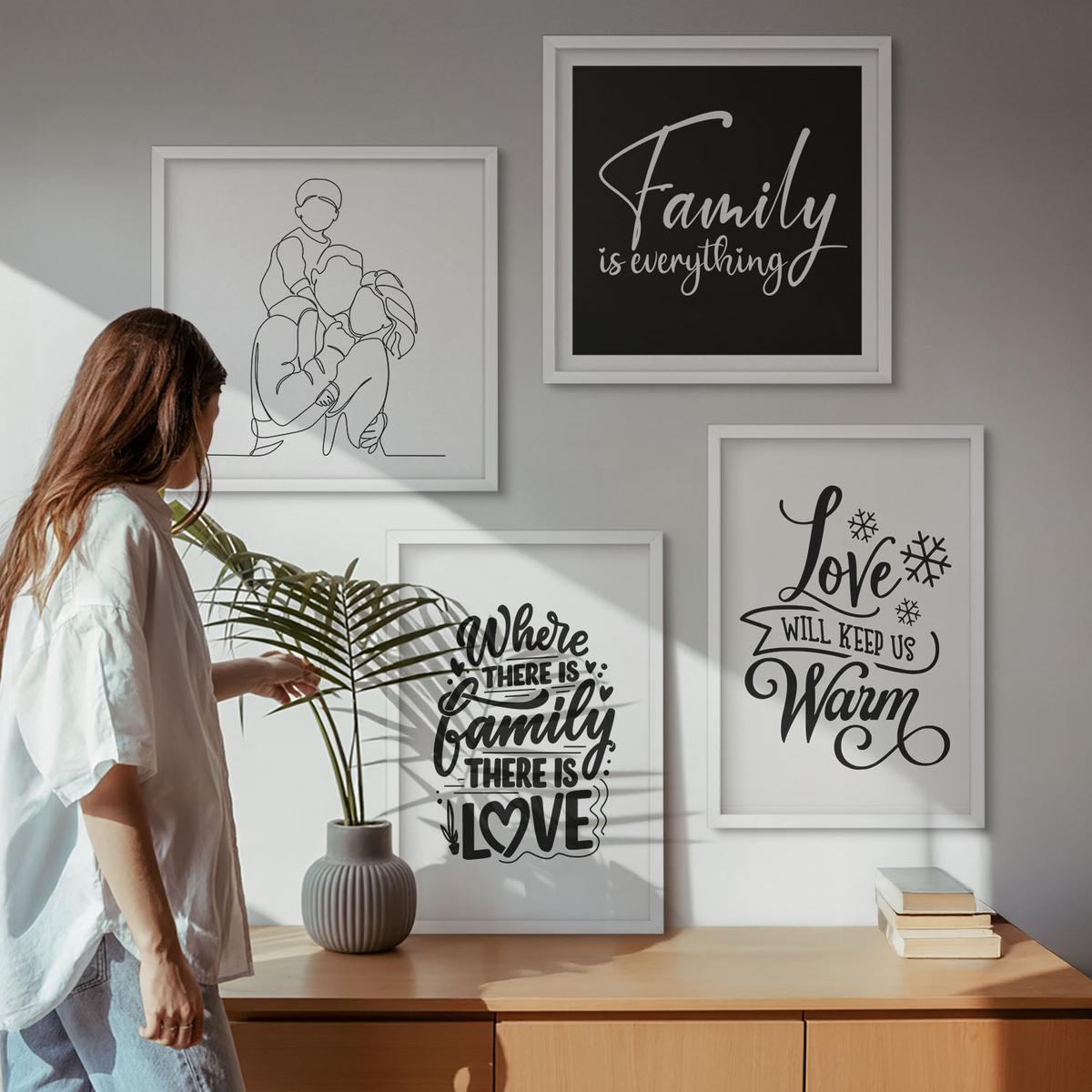 BILDER SET 4er Set - 50x50 cm & 40x60 cm Weißer Rahmen - Familie, Liebe, Wärme, Zuhause - Weiß, Kunststoff (50/50cm) - TULUP