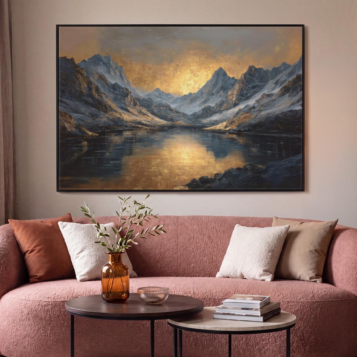 LEINWAND Bilder mit Rahmen - Bergkulisse mit goldenem Sonnenuntergang - 120x80 - Goldfarben, Textil (120/80cm) - MuchoWow
