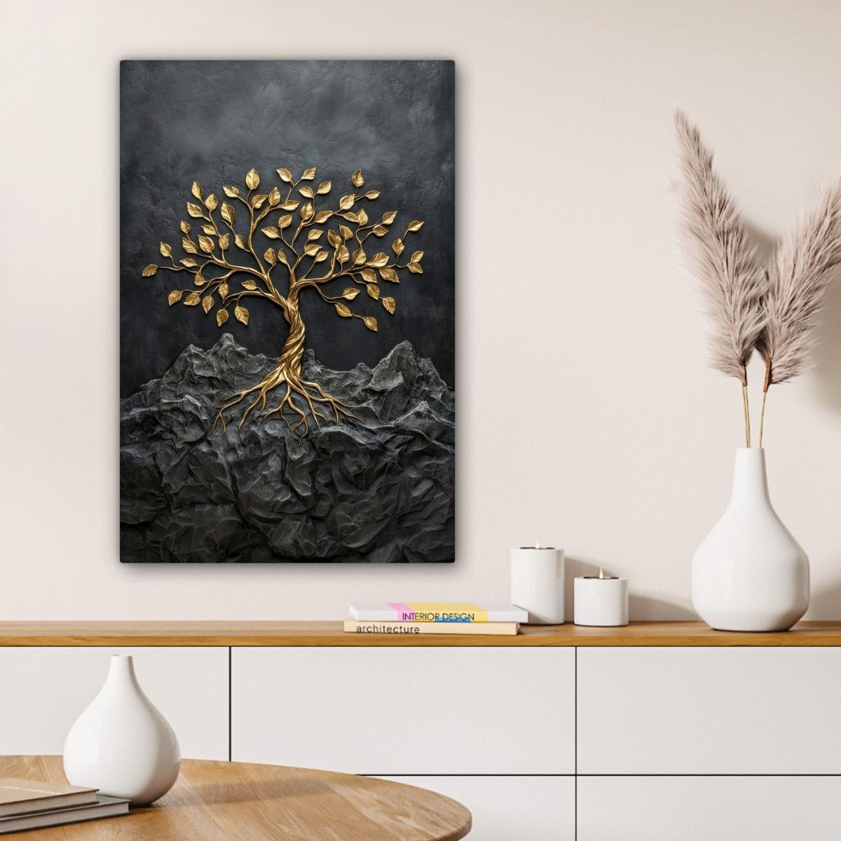 LEINWANDBILD Blätter - Gold - Baum - Fels Wanddeko Schlafzimmer 60x90 cm - Schwarz, Textil (60/90cm) - MuchoWow