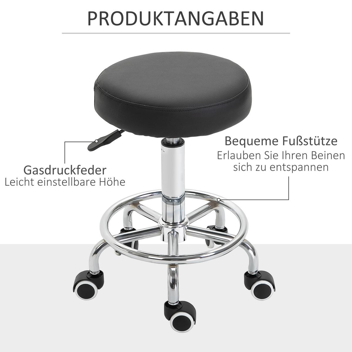 ROLLHOCKER Höhenverstellbarer Arbeitshocker mit Fußring Kunstleder Schwarz - Schwarz, Leder (42/64/42cm) - Vinsetto