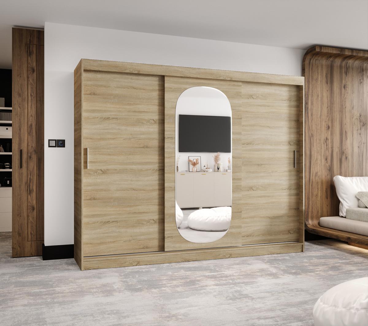 SCHIEBETÜRENSCHRANK mit Spiegel ROYAL 200/250/62 3-türig - Silberfarben/Sonoma Eiche, Holz (250/62/250cm) - MÖBEL KRYSPOL