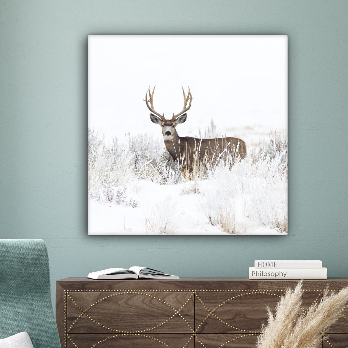 LEINWANDBILD Hirsche - Winter - Schnee - Tiere - Jahreszeiten - Weiß Deko Groß 90x90 cm - Hellbraun, Textil (90/90cm) - MuchoWow