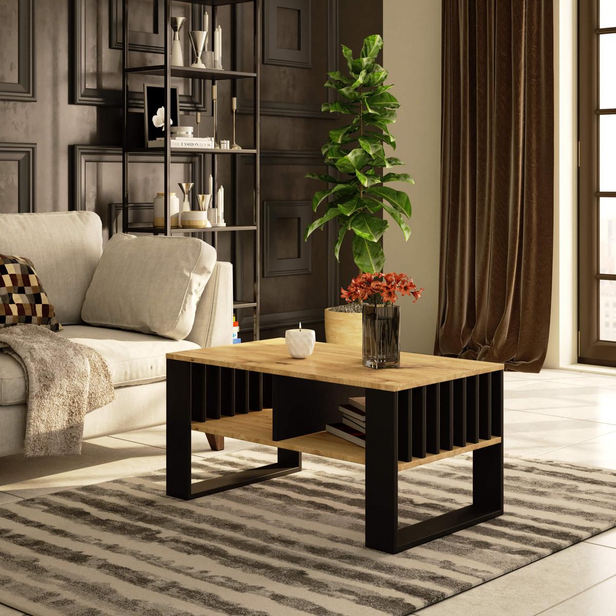 COUCHTISCH Eiche Artisan, Schwarz 45/92/53 - Schwarz/Eiche Artisan, Textil (53/92/45cm) - RAUMHIRSCH FURNITURE