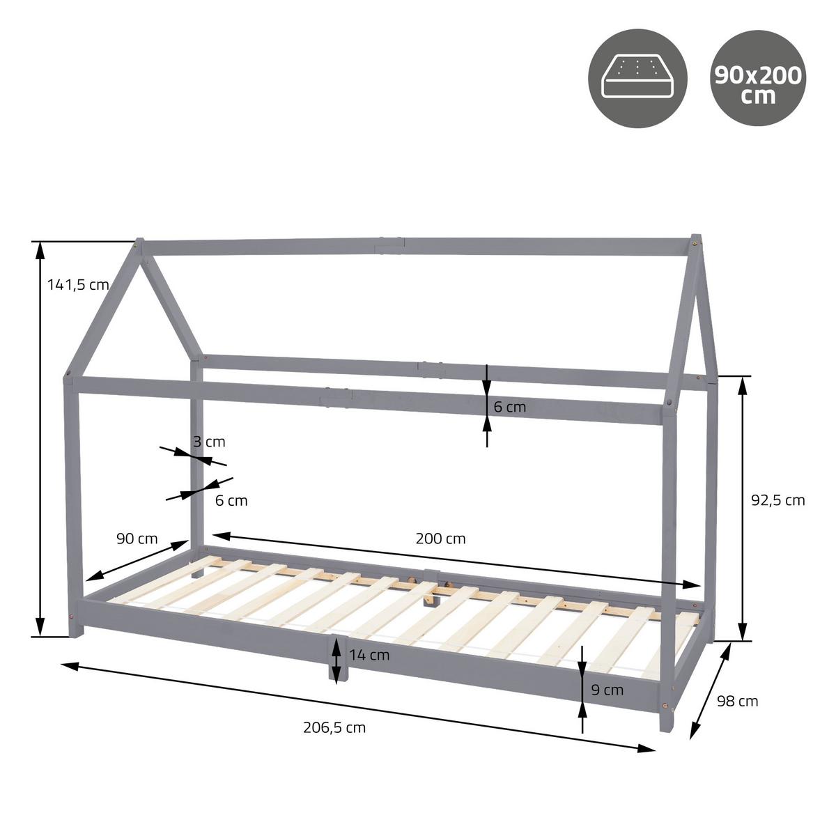 KINDERBETT mit Dach und Matratze 90x200 cm Hellgrau - Hellgrau, Holz (90/200cm) - ML-DESIGN