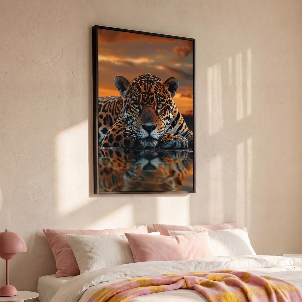 LEINWAND Bilder mit Rahmen - Natur - Leopard - Tier - Sonnenuntergang - Modern - 80x120 - Orange, Textil (80/120cm) - MuchoWow