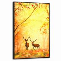 LEINWAND Bilder mit Rahmen - Natur - Ölfarbe - Hirsche - Tiere - Herbst - Orange - 60x90 - Orange, Textil (60/90cm) - MuchoWow