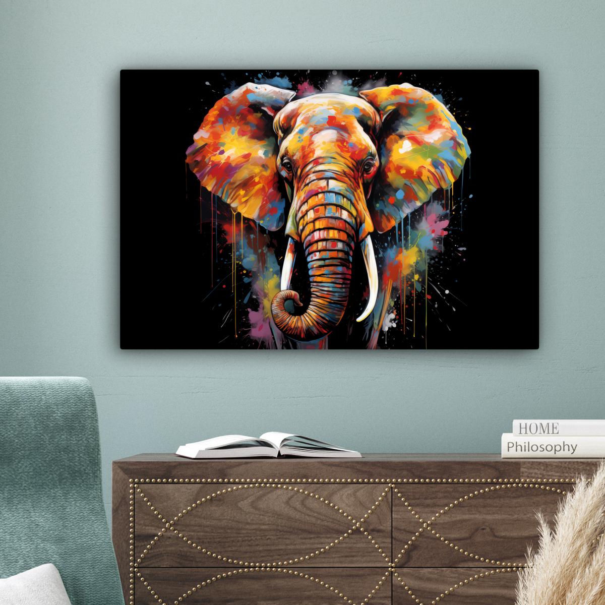 LEINWANDBILD Elefant - Graffiti - Schwarz - Tiere - Farben XXL 150x100 cm - Schwarz, Textil (150/100cm) - MuchoWow