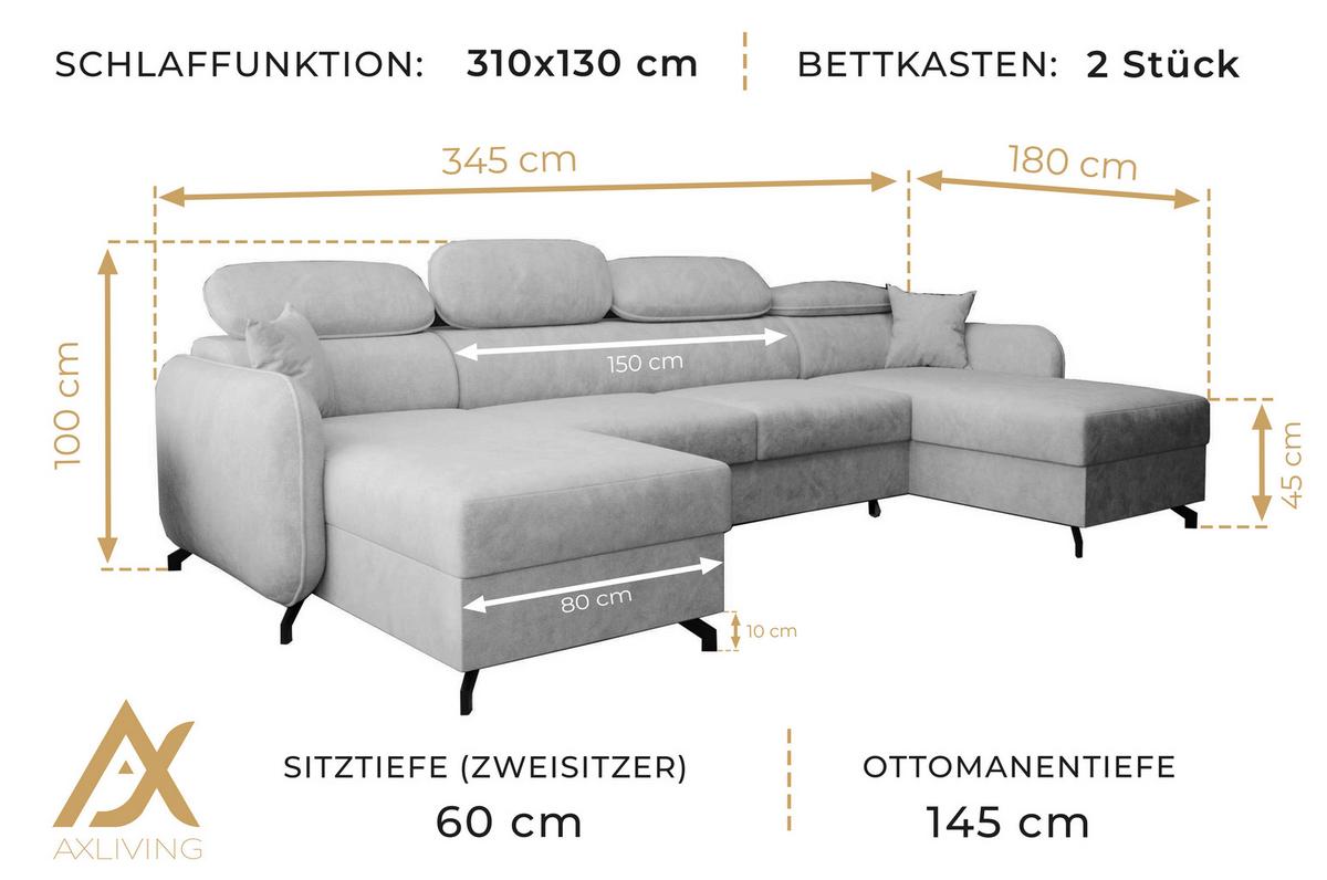 WOHNLANDSCHAFT Ribella 5 Grau 345/180/100 cm mit Schlaffunktion - Hellgrau/Schwarz, Textil/Metall (345/100/180cm) - AX Living
