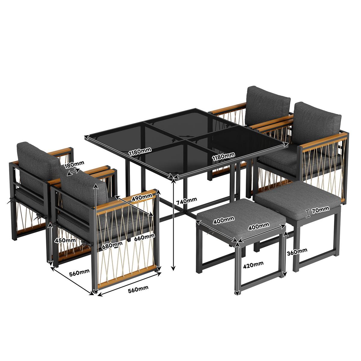 GARTENMÖBEL-SETS mit Sitzkissen 7-teilig - Grau, Glas/Metall - Urban Meuble