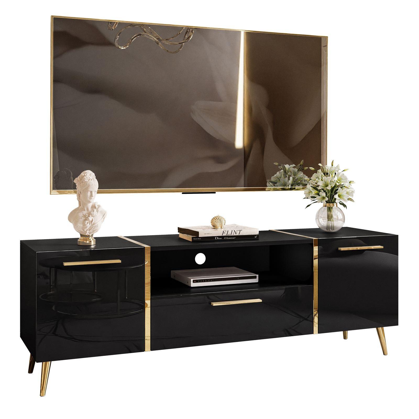 TV-ELEMENT ONYX AUF GOLDENEN BEINEN HOCHGLANZ 158 CM PUSH OPEN - Schwarz, Holzwerkstoff (158/53/41.3cm) - Lookway