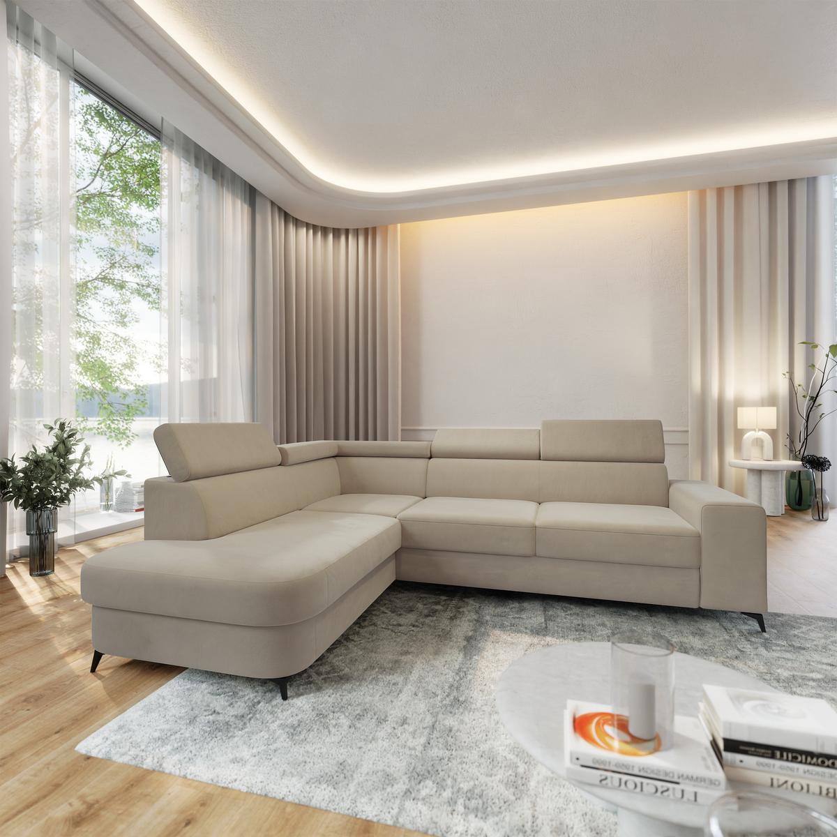 ECKSOFA ALVORO L-S Beige Velours-Stoff mit Schlaffunktion - Beige, Holz (253/190cm) - MASSENO