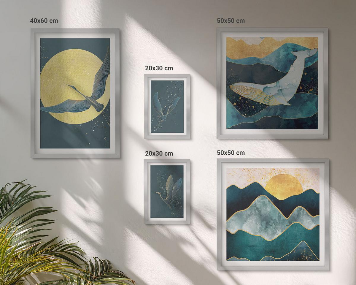 BILDER SET 5er Set - 50x50 cm & 20x30 cm & 40x60 cm Silberner Rahmen - Vögel, Kraniche, Mond, Berge - Silberfarben, Kunststoff (40/60cm) - TULUP