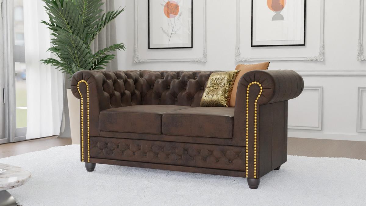 CHESTERFIELD-SOFA 2-sitzer Flux Dunkelbraun Microfaser Vintageoptik - Dunkelbraun/Braun, Holz/Textil (148/72/86cm) - S-Style Möbel