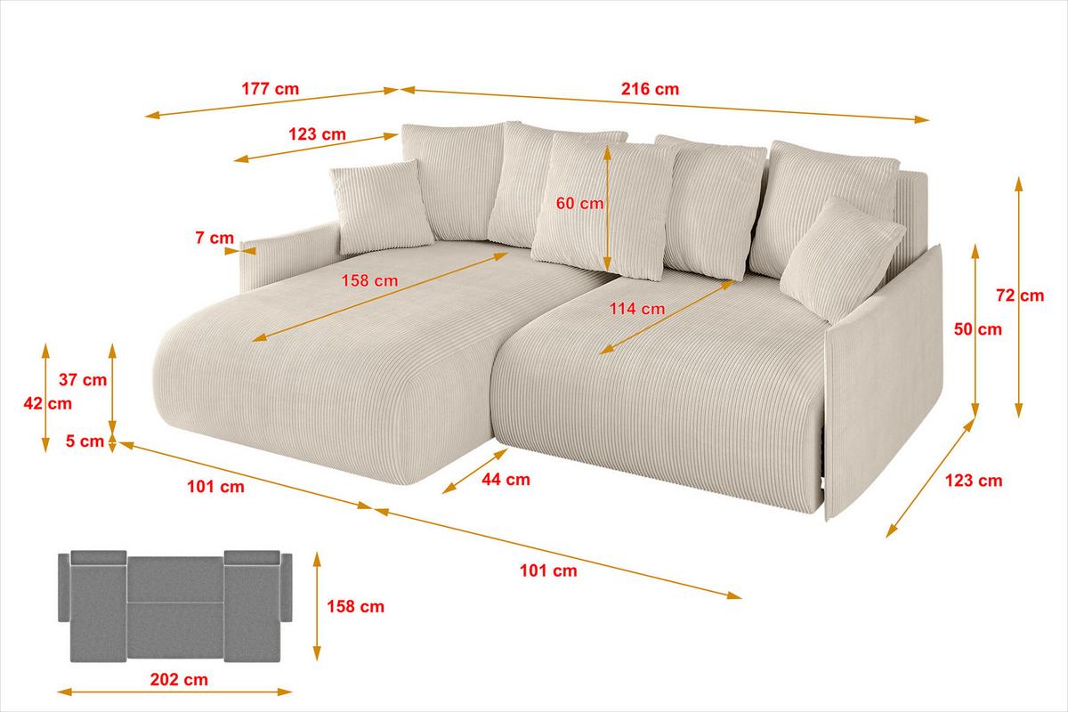 ECKSOFA Ottomane links ONESK-L -v1 216x177x72 Beige Cord - Beige, Holzwerkstoff/Kunststoff (216/177cm) - ALTDECOR