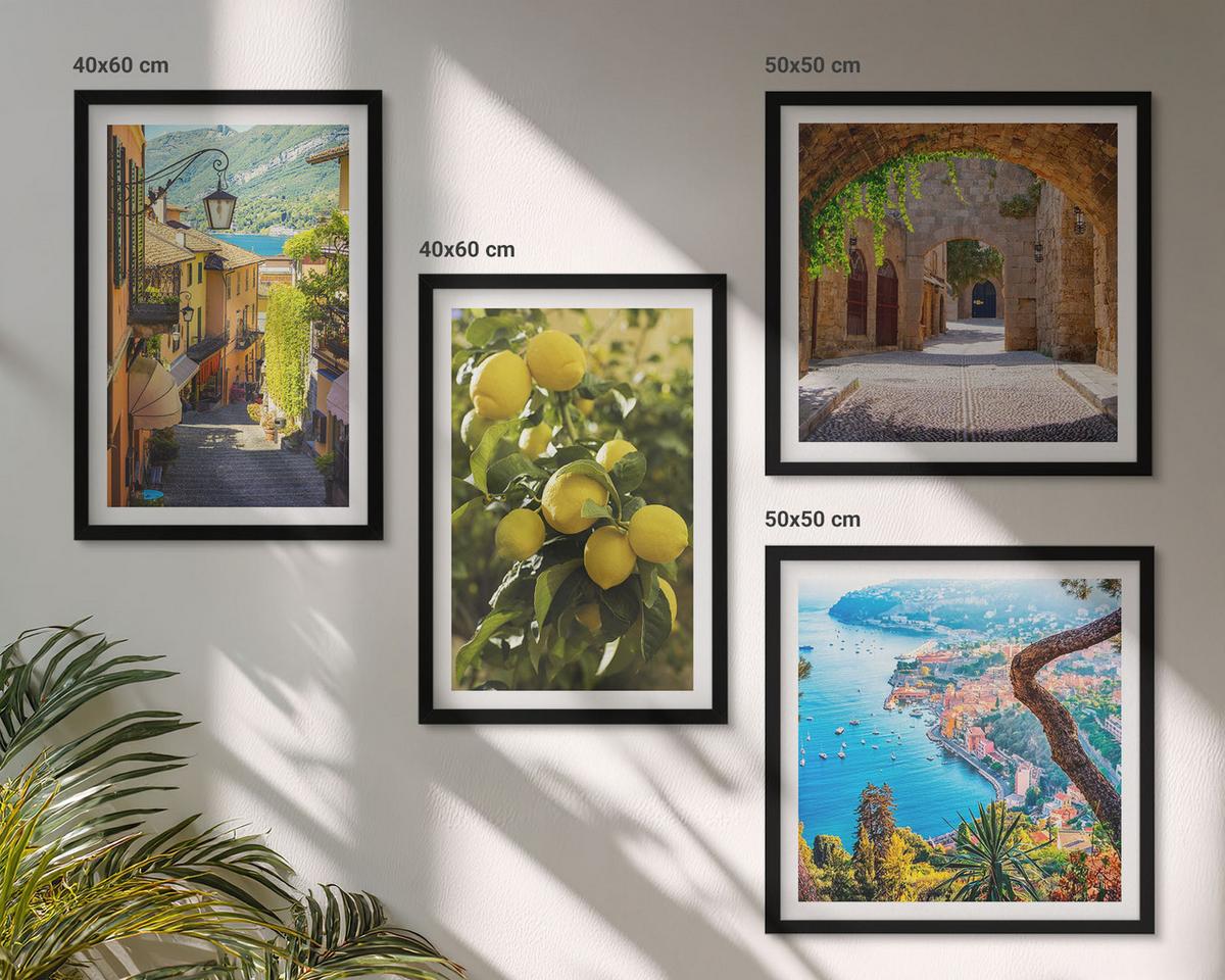 BILDER SET 4er Set - 50x50 cm & 40x60 cm Schwarzer Rahmen - Straßen am Meer, ein Meer aus Zitronen - Schwarz, Kunststoff (50/50cm) - TULUP