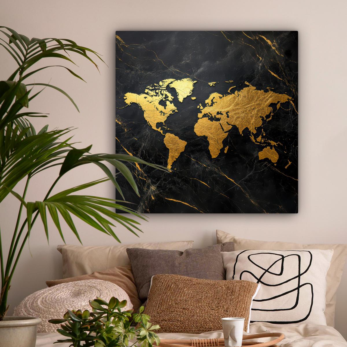 LEINWANDBILD Weltkarte - Gold - Marmor Deko Groß 90x90 cm - Goldfarben, Textil (90/90cm) - MuchoWow