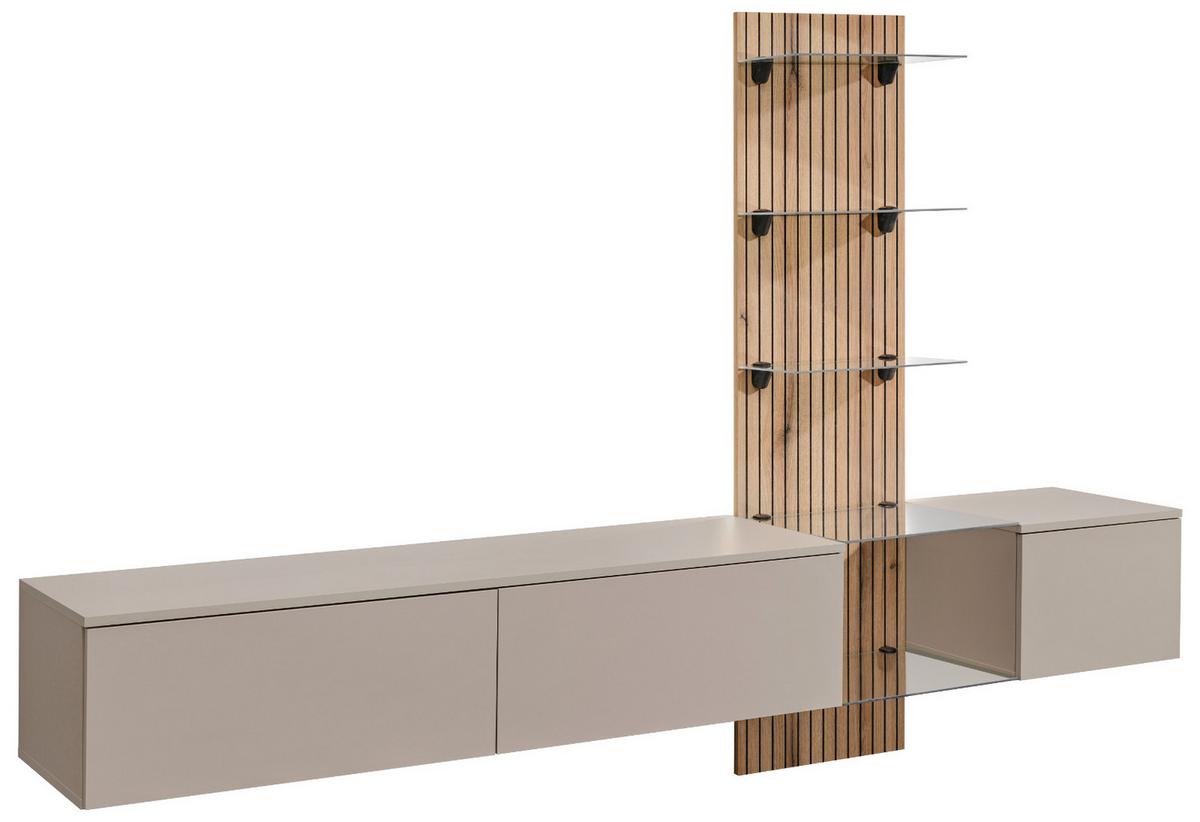 WOHNWAND Grau Lehm, Evoke Eiche 220 cm hängend, Schrankwand mit LED und Push-to-Open - Eichefarben/Hellgrau, Glas/Holzwerkstoff (220/150/40cm) - Inn.Furn