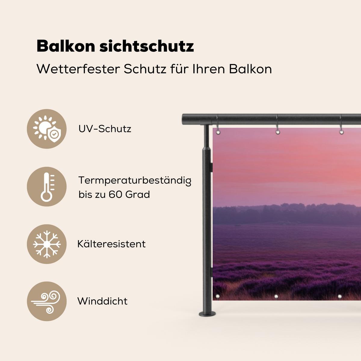 BALKON-SICHTSCHUTZ Baum - Heidekraut - Sonnenaufgang Deko XXL 500x120 cm - Flieder, Kunststoff (500/120cm) - MuchoWow