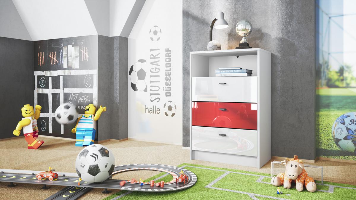 KOMMODE Pino Fronten Weiß, Rot & Weiß - Weiß, Holzwerkstoff (56/86/36cm) - Vladon