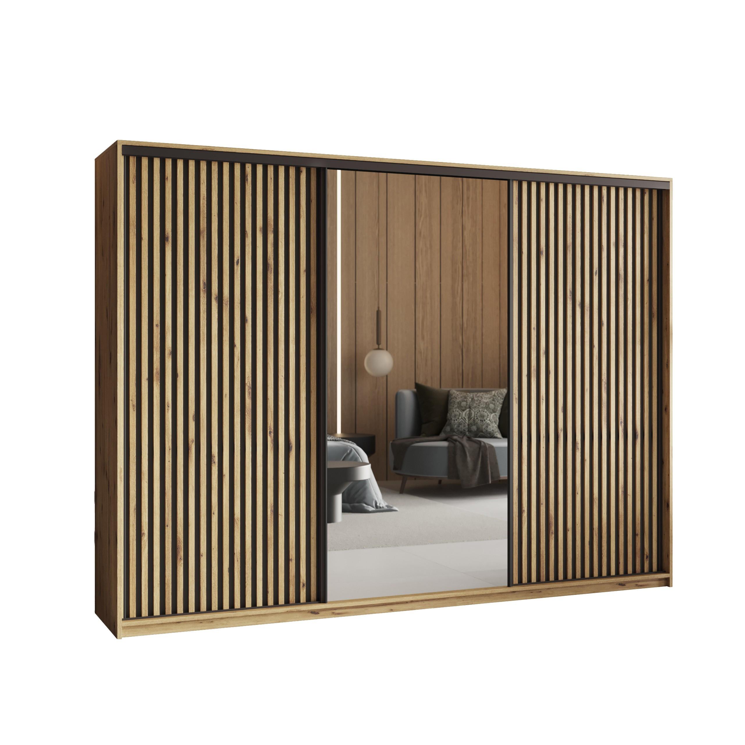 SCHWEBETÜRENSCHRANK ORRA 270/205/60 cm 3-türig mit Spiegel und Lamellen Eiche Artisan - Schwarz/Eiche Artisan, Holzwerkstoff (270/205/60cm) - MASSENO