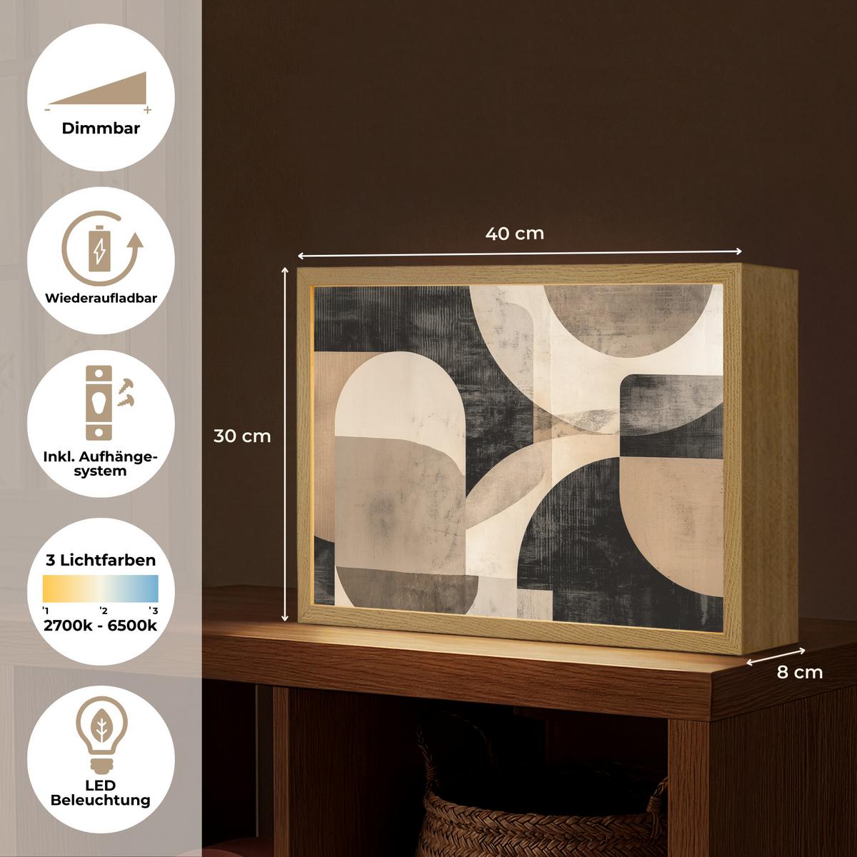 WANDLEUCHTE MIT AKKU Abstrakt - Formen - Modern - Beige 40x30 cm - Grau, Holzwerkstoff (40/30/8cm) - OnlyWow