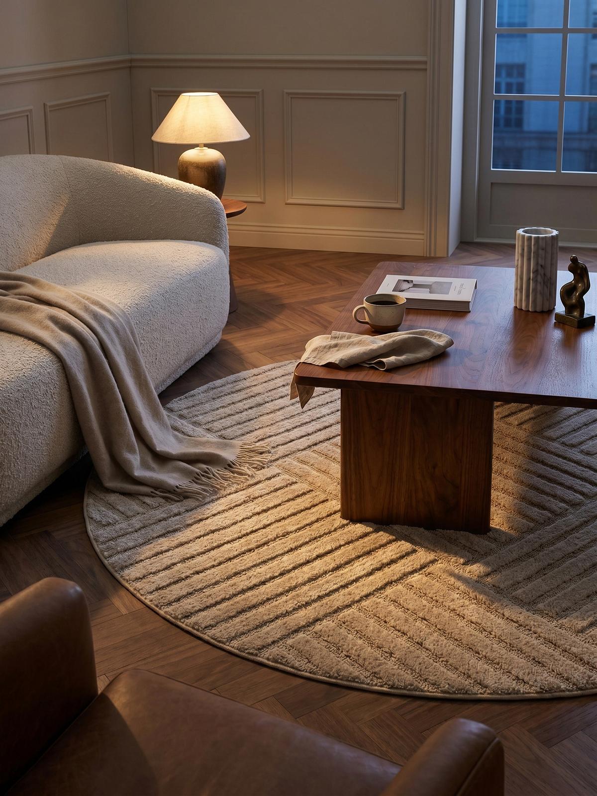 TEPPICH Hochflor RIGI in Beige, mit Cord-Streifen-Patchwork, Ø 120 cm - Beige, Textil (120/120cm) - KADIMA DESIGN