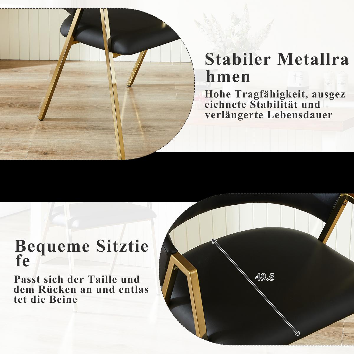 ESSZIMMERSTUHL 2ER-SET aus schwarzem PU-Leder und Gold Metall, mit Rückenlehne und Höhenausgleich - Schwarz, Textil (56/77/59cm) - Urban Meuble