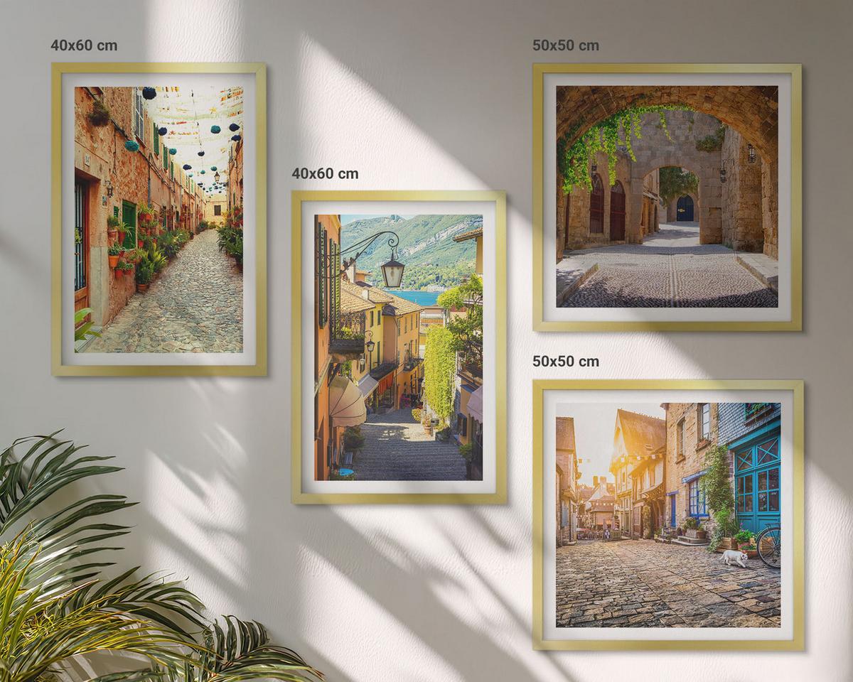 BILDER SET 4er Set - 50x50 cm & 40x60 cm Goldrahmen - Charmante Straßen mit Steinen - Goldfarben, Kunststoff (50/50cm) - TULUP