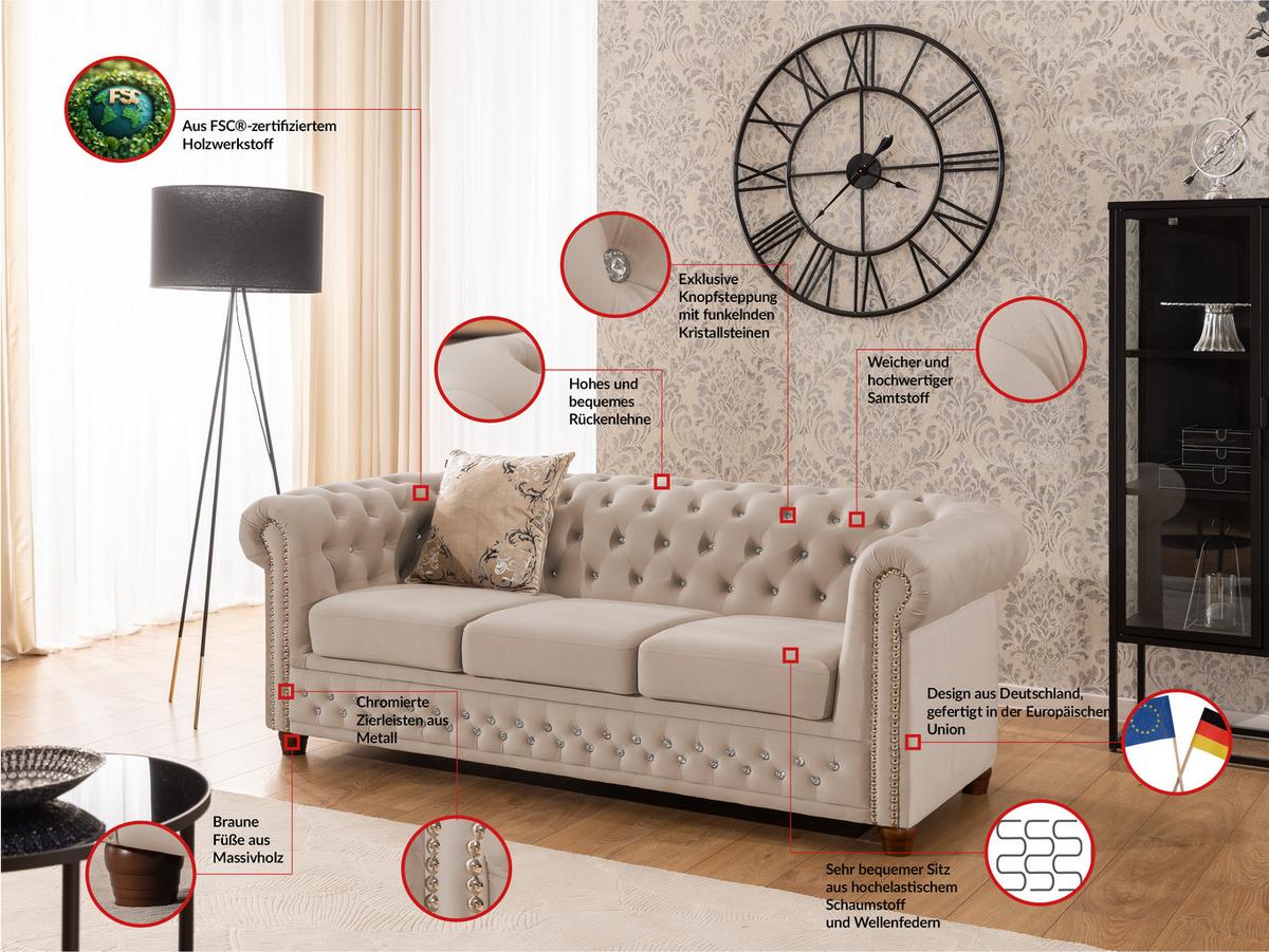 CHESTERFIELD-SOFA 3-sitzer Cleo Blink Beige Samt mit Kristallsteppung und braunen Massivholzfüßen - Beige/Braun, Holz/Textil (203/72/86cm) - S-Style Möbel