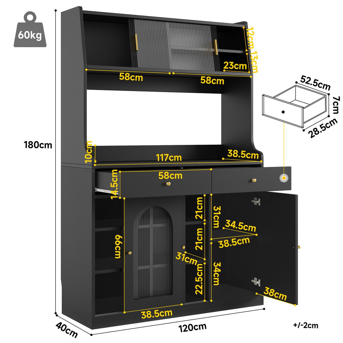 BUFFETSCHRANK schwarz mit glastüren 180 cm hoch mit app-led & 2 schubladen - Schwarz, Holzwerkstoff (120/180/40cm) - Urban Meuble
