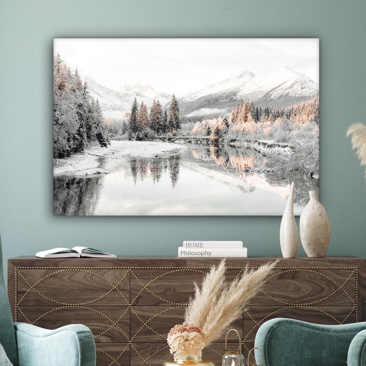 LEINWANDBILD Natur - Winter - Bäume - Berge - Schnee Wohnzimmer Groß 120x80 cm - Weiß Hochglanz, Textil (120/80cm) - MuchoWow