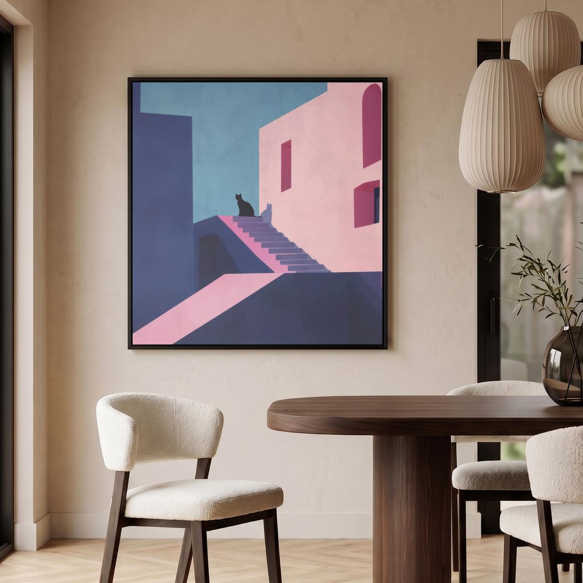 LEINWAND Bilder mit Rahmen - Katze - Treppe - Gebäude - Schattenkontraste - 90x90 - Dunkelblau, Textil (90/90cm) - MuchoWow