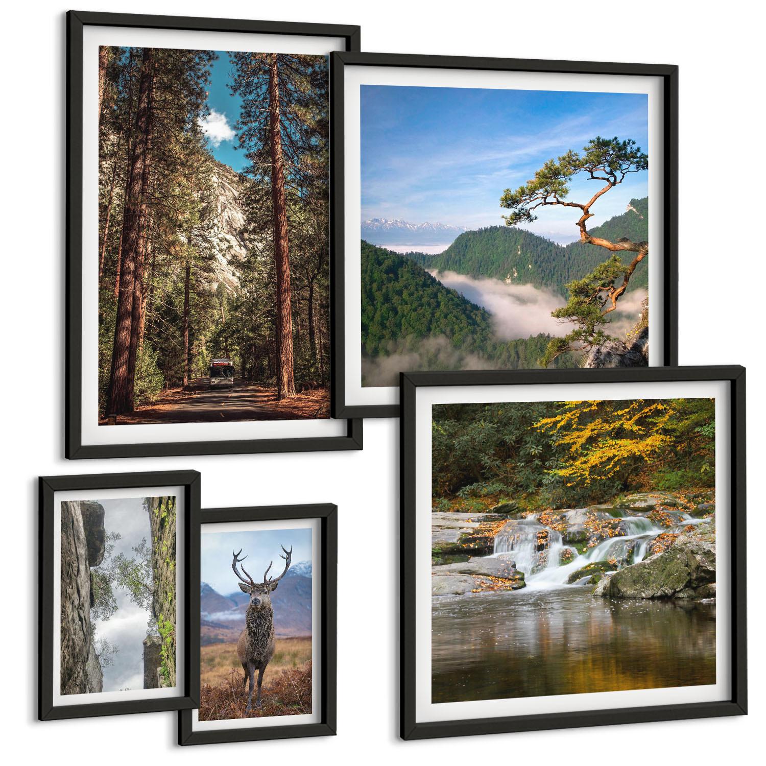BILDER SET 5er Set - 50x50 cm & 20x30 cm & 40x60 cm Schwarzer Rahmen - Wasserfall Wald Berge Hirsch Natur - Schwarz, Kunststoff (40/60cm) - TULUP